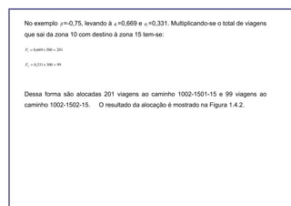 No exemplo β =-0,75, levando à φ =0,669 e φ =0,331. Multiplicando-se o total de viagens
                                1          2



que sai da zona 10 com destino à zona 15 tem-se:

F1 = 0,669 × 300 = 201


F2 = 0,331 × 300 = 99




Dessa forma são alocadas 201 viagens ao caminho 1002-1501-15 e 99 viagens ao
caminho 1002-1502-15.     O resultado da alocação é mostrado na Figura 1.4.2.
 