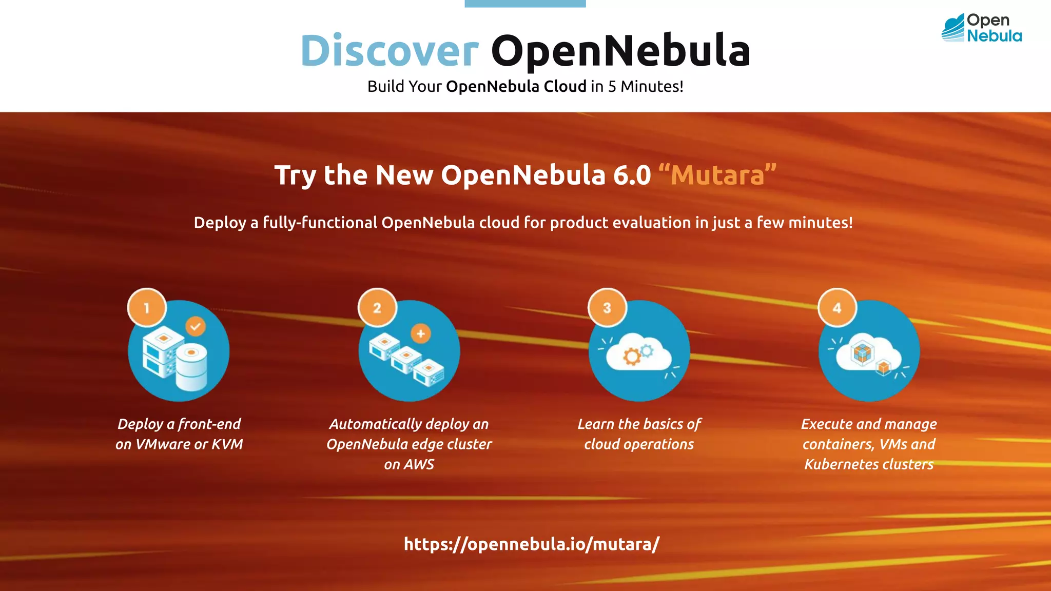 Discover OpenNebula Build Your OpenNebula Cloud in 5 Minutes! Deploy a front-end on VMware or KVM Automatically deploy an OpenNebula edge cluster on AWS Learn the basics of cloud operations Execute and manage containers, VMs and Kubernetes clusters Try the New OpenNebula 6.0 “Mutara” Deploy a fully-functional OpenNebula cloud for product evaluation in just a few minutes! https://opennebula.io/mutara/ 