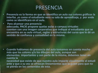 PRESENCIA
• Presencia es la forma en que se identifica un aula sus colores gráficos la
  interfaz ,es como el estudiante vera su sala de aprendizaje, y por ende
  como se identificara en el aula.
• Para alcanzar una presencia
  adecuada, PACIE propone quelas aulas o campus virtuales
  cuenten con una imagen corporativa que indique al estudiante que se
  encuentra en su aula virtual, reglas y estructuras del curso que le dé un
  sentido de confianza y comodidad en la misma.



• Cuando hablamos de presencia del aula tomamos en cuenta mucho
  más que los colores y/o los dibujos del aula, aunque son
  elementos importantes y son parte de la misma, debemos tener en
  cuenta la
  necesidad que existe de que nuestra aula impacte visualmente al estudi
  ante y que a su vez se ofrezcan lineamientos que lo guíen para que no
  se pierda en los contenidos de esta.
 