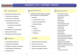 atividades engenharia civil e tecnologia cerâmica
• avaliações e perícias judiciais e extrajudi-
ciais de engenharia, compreendendo:
• avaliações:
• imóveis urbanos e rurais
• máquinas e equipamentos
• plantas industriais
• perícias:
• fundiárias
• construção civil
• ambientais
• coordenação de projetos e obras:
• planejamento, preparação
• orçamentos e cronogramas
• gerenciamento, prazos, custos
• administração de obras:
• residenciais de alto padrão
• escritórios
• restaurações de imóveis históricos
• engenharia de interiores
• acompanhamento técnico de obras
engenharia forense:construção civil:
consultoria: auditoria:
• auditoria patrimonial de imóveis
• auditoria de obras civis
• auditoria ambiental voluntária
• auditoria de qualidade voluntária
• administração de contratos
• reabilitação de edificações
• diagnóstico e terapias em patologias
• especificações e procedimentos
• inspeção predial
principais clientes:
José Queiroz Guimarães
Carlos Alberto Tramontina
Angelita Gama
Marília Pêra
Silvio de Abreu
Leonardo Netto
Luiz Carlos Bresser Pereira
Cândido Botelho Bracher
Carmela Gross
Luiz D. Villares
Naji Robert Nahas
Oscar Fakoury
Mário Bernardini
Luiz Henrique Pereira de Almeida
Luís Alberto Mendes Rodrigues
Alvim Coelho Kömel Jr. Advogados
British Petroleum
Condomínio Champs Élysées
UNICSUL – Campus Anália Franco
BMB - Banco Mercantil do Brasil S. A
Directa Auditores
PREVI
Construtora Gattaz Ltda.
 