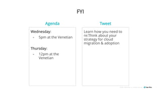 ©2008–18 New Relic, Inc. All rights reserved
FYI
1
Agenda
Wednesday:
- 5pm at the Venetian
Thursday:
- 12pm at the
Venetian
Tweet
Learn how you need to
re:Think about your
strategy for cloud
migration & adoption
 