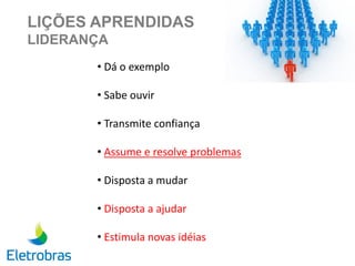 LIÇÕES APRENDIDAS
LIDERANÇA
• Dá o exemplo
• Sabe ouvir
• Transmite confiança
• Assume e resolve problemas
• Disposta a mudar
• Disposta a ajudar
• Estimula novas idéias
 
