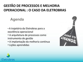 Agenda
• A trajetória da Eletrobras para a
excelência operacional
• A arquitetura de processos como
instrumento de gestão
• A implantação da melhoria contínua
• Lições aprendidas
GESTÃO DE PROCESSOS E MELHORIA
OPERACIONAL : O CASO DA ELETROBRAS
 