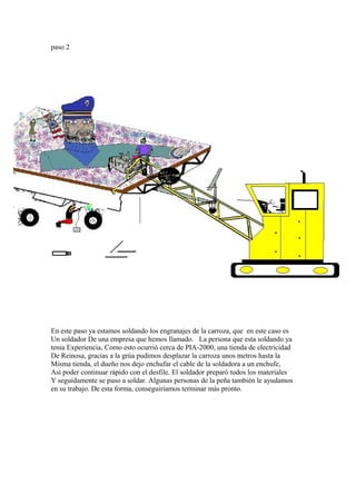 paso 2




En este paso ya estamos soldando los engranajes de la carroza, que en este caso es
Un soldador De una empresa que hemos llamado. La persona que esta soldando ya
tenia Experiencia, Como esto ocurrió cerca de PIA-2000, una tienda de electricidad
De Reinosa, gracias a la grúa pudimos desplazar la carroza unos metros hasta la
Misma tienda, el dueño nos dejo enchufar el cable de la soldadora a un enchufe,
Así poder continuar rápido con el desfile. El soldador preparó todos los materiales
Y seguidamente se puso a soldar. Algunas personas de la peña también le ayudamos
en su trabajo. De esta forma, conseguiríamos terminar más pronto.
 