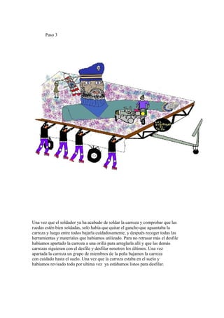 Paso 3




Una vez que el soldador ya ha acabado de soldar la carroza y comprobar que las
ruedas estén bien soldadas, solo había que quitar el gancho que aguantaba la
carroza y luego entre todos bajarla cuidadosamente, y después recoger todas las
herramientas y materiales que habíamos utilizado. Para no retrasar más el desfile
habíamos apartado la carroza a una orilla para arreglarla allí y que las demás
carrozas siguiesen con el desfile y desfilar nosotros los últimos. Una vez
apartada la carroza un grupo de miembros de la peña bajamos la carroza
con cuidado hasta el suelo. Una vez que la carroza estaba en el suelo y
habíamos revisado todo por ultima vez ya estábamos listos para desfilar.
 