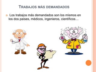 TRABAJOS MÁS DEMANDADOS
 Los trabajos más demandados son los mismos en
los dos países, médicos, ingenieros, científicos…
 