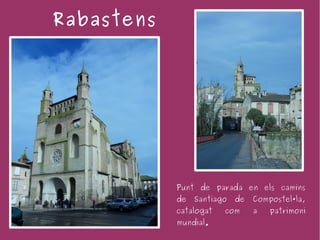 Rabastens




            Punt de parada en els camins
            de   Santiago   de   Compostel·la,
            catalogat   com      a   patrimoni
            mundial.
 