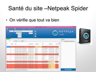 Santé du site –Netpeak Spider
• On vérifie que tout va bien
 