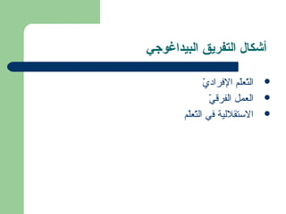 أشكال التفريق البيداغوجي 
التّةعلّةم الفرادةيّة  
العمل الفرقةيّة  
الستتقللية في التّةعلّةم  
 