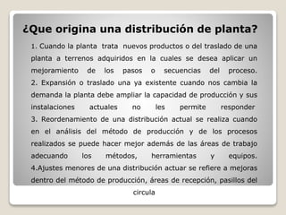 1. Cuando la planta trata nuevos productos o del traslado de una
planta a terrenos adquiridos en la cuales se desea aplicar un
mejoramiento de los pasos o secuencias del proceso.
2. Expansión o traslado una ya existente cuando nos cambia la
demanda la planta debe ampliar la capacidad de producción y sus
instalaciones actuales no les permite responder
3. Reordenamiento de una distribución actual se realiza cuando
en el análisis del método de producción y de los procesos
realizados se puede hacer mejor además de las áreas de trabajo
adecuando los métodos, herramientas y equipos.
4.Ajustes menores de una distribución actuar se refiere a mejoras
dentro del método de producción, áreas de recepción, pasillos del
circula
¿Que origina una distribución de planta?
 