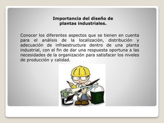 Conocer los diferentes aspectos que se tienen en cuenta
para el análisis de la localización, distribución y
adecuación de infraestructura dentro de una planta
industrial, con el fin de dar una respuesta oportuna a las
necesidades de la organización para satisfacer los niveles
de producción y calidad.
Importancia del diseño de
plantas industriales.
 