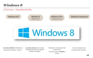 Windows 8
12 versions – 4 grandes familles


        Windows 8 RT                         Windows 8                      Windows 8 Pro              Windows 8 Entreprises
                                              (Windows 8 N)                  (Windows 8 Pro N)




La version tablette de Windows 8   La version de base avec les deux     Windows 8 + des fonctions de     Version entreprise avec
 Uniquement interface « Metro »    interfaces & l’accès aux logiciels           media center           sécurisation des données,…
                                         Windows classiques             Cet OS est vendu à 59,99€ en
                                                                                   France
                                                                                                                                28
 