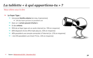 La tablette « à qui appartiens-tu » ?
Nous allons vous le dire

 Le Foyer Type :
      Une jeune famille urbaine (en moy. 4 personnes)
             14% des foyers parisiens en possèdent une
         Avec un « certain pouvoir d’achat »
         Et des enfants
         95% de ce foyer type ont un accès internet (vs. 74% en moyenne)
         60% disposent d’une offre triple play (vs. 35% en moyenne)
         40% possèdent une console connectée à l’internet (vs. 17% en moyenne)
         + de 25% possèdent une Smart TV (vs. 13% en moyenne)




    Source : Médiamétrie & GFK – Décembre 2012
                                                                                  32
 