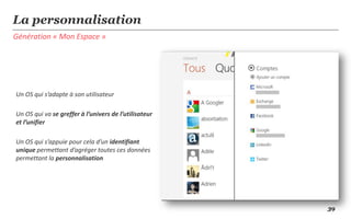 La personnalisation
Génération « Mon Espace »




Un OS qui s’adapte à son utilisateur

Un OS qui va se greffer à l’univers de l’utilisateur
et l’unifier

Un OS qui s’appuie pour cela d’un identifiant
unique permettant d’agréger toutes ces données
permettant la personnalisation




                                                       39
 
