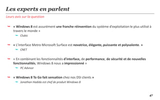 Les experts en parlent
Leurs avis sur la question

 « Windows 8 est assurément une franche réinvention du système d'exploitation le plus utilisé à
  travers le monde »
       Clubic


 « L'interface Metro Microsoft Surface est novatrice, élégante, puissante et polyvalente. »
       CNET


 « En combinant les fonctionnalités d'interface, de performance, de sécurité et de nouvelles
  fonctionnalités, Windows 8 nous a impressionné »
       PC Advisor


 « Windows 8 To Go fait sensation chez nos DSI clients »
       Jonathan Hadida est chef de produit Windows 8



                                                                                                47
 