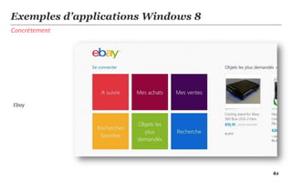 Exemples d’applications Windows 8
Concrètement




Ebay




                                    61
 