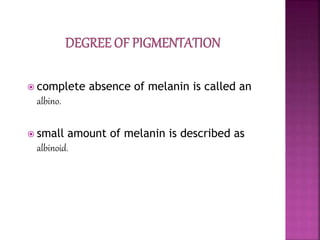 complete absence of melanin is called an
albino.
 small amount of melanin is described as
albinoid.
 