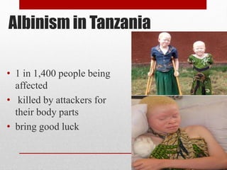 Albinism in Tanzania
• 1 in 1,400 people being
affected
• killed by attackers for
their body parts
• bring good luck
 