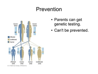 Prevention
●
●
Parents can get
genetic testing.
Can't be prevented.