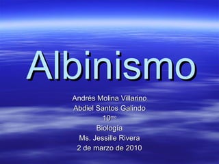 Albinismo Andrés Molina Villarino Abdiel Santos Galindo 10 mo Biología Ms. Jessille Rivera 2 de marzo de 2010 
