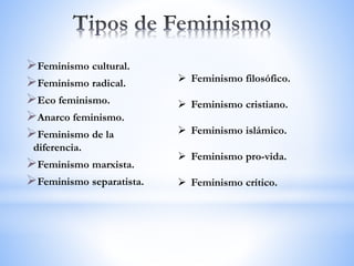 Feminismo cultural.
Feminismo radical.
Eco feminismo.
Anarco feminismo.
Feminismo de la
diferencia.
Feminismo marxista.
Feminismo separatista.
 Feminismo filosófico.
 Feminismo cristiano.
 Feminismo islámico.
 Feminismo pro-vida.
 Feminismo crítico.
 
