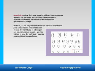 José María Olayo olayo.blogspot.com
Autosómica quiere decir que no va incluida en los cromosomas
sexuales, ya que todos lo...