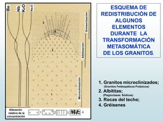 ESQUEMA DE
REDISTRIBUCIÓN DE
ALGUNOS
ELEMENTOS
DURANTE LA
TRANSFORMACIÓN
METASOMÁTICA
DE LOS GRANITOS.
1. Granitos microcl...