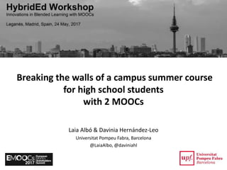 Breaking the walls of a campus summer course
for high school students
with 2 MOOCs
Laia Albó & Davinia Hernández-Leo
Universitat Pompeu Fabra, Barcelona
@LaiaAlbo, @daviniahl
 
