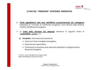 LE FASI DEL “PROCESSO” EFFICIENZA ENERGETICA

6. L’Ente aggiudicherà sulla base dell’offerta economicamente più vantaggiosa
trattandosi di “Contratto di rendimento energetico” come definito dalla Direttiva
27/2012 sull’Efficienza Energetica.
7. La scelta della soluzione più adeguata attraverso le seguenti analisi di
“sostenibilità” globale : (*)
a) Energetica: strumento che consente di:
Costruire la firma energetica di progetto;
Dimensionare il generatore;
Confrontare la situazione ante intervento (baseline) e le Opportunità di
Risparmio Energetico
(*) Fonte : Linee Guida Efficienza Energetica negli
Edifici (AICARR/Agesi-Assopetroli-Assistal)

Marghera, 17 febbraio 2014
Parco Scientifico e Tecnologico VEGA

 