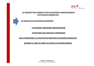 LA PROSPETTIVA CORRETTA PER SVILUPPARE CONCRETAMENTE
L’EFFICIENZA ENERGETICA
NEL MERCATO SIA LATO OFFERTA CHE DOMANDA

SI ACQUISIRA’ MAGGIORE CONSAPEVOLEZZA
ATTRAVERSO UNA ADEGUATA FORMAZIONE
DELLA IMPORTANZA DI SVILUPPO DEL PROCESSO DI EFFICIENZA ENERGETICA
SECONDO LE LINEE ISO 50001 SUI SISTEMI DI GESTIONE ENERGIA

Marghera, 17 febbraio 2014
Parco Scientifico e Tecnologico VEGA

 