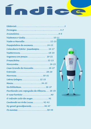 Editorial…………………………….……….……………………..………3
Formigas…………………………..………….………….…………. 4-7
Animaliños………………………………….…… …………….. 8-9
Visitamos o Gadis………………..……….……………. 10-11
Visita a Marcelle…………………………………… 12-13
Pasapalabra de animais………………….. 14-15
Calendario Estiño- pasatempos…………… 16-17
Visitáronnos………………………………………. 18-19
Xogamos coa poesía……………….………. 20-21
Frases feitas………………………………………. 22-23
Minicontos…………………………………………… 24-25
Casa Grande de Xanceda……………………. 26-27
Entroido……………………………….………… 28-29
Marrocos……………………………………. 30-31
Letras Galegas……………………….. 32-33
Maios…………………………..………….. 34-35
Na Biblioteca… ……………………..………. 36-37
Parolando coa rapazada de Albeiros…… 38-39
O noso hortiño ……………………………………….40
O infinito ciclo da auga………………………41
Cantando ao Arde Lucus…………….. 42-43
My great-grandparents………….…….. 44-47
Os exames…………………………….……………48-49
 