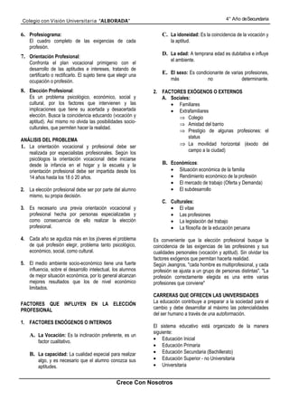 Colegio con Visión Universita ria “ALBORADA”                                                           4° Año de Secundaria


6. Profesiograma:                                                     C. La idoneidad: Es la coincidencia de la vocación y
    El cuadro completo de las exigencias de cada                          la aptitud.
    profesión.
                                                                      D. La edad: A temprana edad es dubitativa e influye
7. Orientación Profesional:
                                                                          el ambiente.
    Confronta el plan vocacional primigenio con el
    desarrollo de las aptitudes e intereses, tratando de
    certificarlo o rectificarlo. El sujeto tiene que elegir una       E. El sexo: Es condicionante de varias profesiones,
    ocupación o profesión.                                                más                no                determinante.

8. Elección Profesional:                                          2. FACTORES EXÓGENOS O EXTERNOS
    Es un problema psicológico, económico, social y                  A. Sociales:
    cultural, por los factores que intervienen y las                    • Familiares
    implicaciones que tiene su acertada y desacertada                   • Extrafamiliares
    elección. Busca la coincidencia educando (vocación y                    ⇒ Colegio
    aptitud). Así mismo no olvida las posibilidades socio-                  ⇒ Amistad del barrio
    culturales, que permiten hacer la realidad.
                                                                            ⇒ Prestigio de algunas profesiones: el
                                                                                status
ANÁLISIS DEL PROBLEMA
1. La orientación vocacional y profesional debe ser                         ⇒ La movilidad horizontal (éxodo del
   realizada por especialistas profesionales. Según los                         campo a la ciudad)
   psicólogos la orientación vocacional debe iniciarse
   desde la infancia en el hogar y la escuela y la                    B. Económicos:
   orientación profesional debe ser impartida desde los                   •     Situación económica de la familia
   14 años hasta los 18 ó 20 años.                                        •     Rendimiento económico de la profesión
                                                                          •     El mercado de trabajo (Oferta y Demanda)
2. La elección profesional debe ser por parte del alumno                  •     El subdesarrollo
   mismo, su propia decisión.
                                                                      C. Culturales:
3. Es necesario una previa orientación vocacional y                      • El vitae
   profesional hecha por personas especializadas y                       • Las profesiones
   como consecuencia de ello realizar la elección                        • La legislación del trabajo
   profesional.                                                          • La filosofía de la educación peruana

4. Cada año se agudiza más en los jóvenes el problema             Es conveniente que la elección profesional busque la
   de qué profesión elegir, problema tanto psicológico,           coincidencia de las exigencias de las profesiones y sus
   económico, social, como cultural.                              cualidades personales (vocación y aptitud). Sin olvidar los
                                                                  factores exógenos que permitan hacerla realidad.
5. El medio ambiente socio-económico tiene una fuerte             Según Jeangros, "cada hombre es multiprofesional, y cada
   influencia, sobre el desarrollo intelectual, los alumnos       profesión se ajusta a un grupo de personas distintas". "La
   de mejor situación económica, por lo general alcanzan          profesión correctamente elegida es una entre varias
   mejores resultados que los de nivel económico                  profesiones que conviene"
   limitados.
                                                                  CARRERAS QUE OFRECEN LAS UNIVERSIDADES
FACTORES QUE INFLUYEN EN LA ELECCIÓN                              La educación contribuye a preparar a la sociedad para el
PROFESIONAL                                                       cambio y debe desarrollar al máximo las potencialidades
                                                                  del ser humano a través de una autoformación.
1. FACTORES ENDÓGENOS O INTERNOS
                                                                  El sistema educativo está organizado de la manera
                                                                  siguiente:
    A. La Vocación: Es la inclinación preferente, es un
                                                                  • Educación Inicial
        factor cualitativo.
                                                                  • Educación Primaria
    B. La capacidad: La cualidad especial para realizar           • Educación Secundaria (Bachillerato)
        algo, y es necesario que el alumno conozca sus            • Educación Superior - no Universitaria
        aptitudes.                                                • Universitaria


                                                    Crece Con Nosotros
 