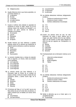 Colegio con Visión Universita ria “ALBORADA”                                                     4° Año de Secundaria


    E. Inteligencia activa                                         C. Las paramnesias
                                                                   D. La hipomnesia
6. Aquella diferencia entre lo que hemos aprendido y lo            E. La alomnesia
   que hemos retenido, es :
   A. La fabulación                                            12. Las distintas alteraciones mnémicas, biológicamente
   B. El olvido                                                    se debe a :
   C. La memoria                                                   I.       Cambios en la estructura de la neurona
   D. La huella mnémica                                            II.      Cambios en el axón o mielina
   E. La amnesia                                                   III.     Cambios o alteraciones en las sinopsis

7. Cuando el enfermo tiene alterada la capacidad de                A.   I Y II
   transformar la acción en relato, siendo uno de los              B.   I Y III
   síntomas típicos del síndrome de Korsakoff y en                 C.   II Y III
   personas con grave carencia de vitaminas y                      D.   I; II Y III
   minerales, es la amnesia :                                      E.   Sólo III
   A. De evocación
   B. Lacunar                                                  13. Cuando una persona cierra los ojos, los abre
   C. Retrógrada                                                   lentamente; los vuelve a cerrar, observa que la
   D. Selectiva                                                    imagen que captó mientras tenía los ojos abiertos,
   E. De fijación                                                  siguió con ella durante un breve lapso después de
                                                                   cerrar los ojos por segunda vez. Corresponde a la
8. Aquella memoria que hace referencia a aquellos                  memoria:
    aspectos activos de la memoria que transforman el              A. Remota
    material cuando se almacena y cuando se reproduce:             B. Inmediata
    A. Social                                                      C. Largo plazo
    B. Constructiva                                                D. Corto plazo
    C. Revocadora                                                  E. Sensorial
    D. Afectiva
    E. Reconocedora                                            14. El almacenamiento de la información mnémica se da
                                                                   en :
9. La memoria inmediata tiene un tiempo de retención               I.      Lóbulo de la corteza temporal
   entre un segundo y un minuto y tiene una duración               II.     Hipocampo
   que no sobrepasa                                                III.    Núcleo amigdalino
   A. Los 5 segundos                                               IV.     Tálamo
   B. Los 10 segundos
   C. Los 20 segundos                                              A.   I y II
   D. Los 30 segundos                                              B.   I y III
   E. Los 60 segundos                                              C.   I y IV
                                                                   D.   II Y III
10. La memoria remota que hace referencia a la                     E.   II y IV
    información dada en función de un contexto de
    espacio y tiempo, vivido por el sujeto a través del cual   15. Las distintas alteraciones mnémicas biológicamente
    recordamos dónde y cuándo ocurrió algo, es la                  se debe a:
    llamada:                                                       I.       Cambios de la estructura de la nuerona
    A. Inducida                                                    II.      Cambios en el axón o mielina
    B. Semántica                                                   III.     Cambios o alteraciones en la sinopsis
    C. Global.
    D. Episódica                                                   A.   I y II
    E. Deducida                                                    B.   I y III
                                                                   C.   II y III
11. El fenómeno del "deja vu" o lo "ya visto": que es una          D.   I; II y III
    falsa certeza de que ya ha sido vista una persona, un          E.   Sólo III
    objeto o situación que, en realidad, son nuevos, forma
    parte de :                                                 16. Señale la alternativa que es un factor ajeno a la
    A. Las amnésicas                                               causalidad del olvido:
    B. Las hipermnésicas                                           A. El aprendizaje
                                                 Crece Con Nosotros
 