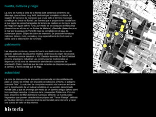 huerta, cultivos y riego La zona de huerta al Este de la Ronda Este pertenece al término de Alboraya, que es llano, muy fértil, dedicado por completo a cultivos de regadío. El barranco de Carraixet, que cruza todo el término municipal, constituye su única vía fluvial. Las fuentes que le proporcionan caudal con el que regar las varias hanegadas de terreno se realizan en la mayor parte del riego con aguas del río Turia, por medio de las acequias de Rascanya (desemboca en el mar en los límites de Meliana) y Mestalla (desemboca en el mar por la acequia de Vera) El riego se completa con el agua de numerosos pozos. El tipo de cultivo es intensivo. Se producen hortalizas melones, tabaco, maíz, cereales y muy especialmente la chufa que se utiliza para la elaboración de horchata. patrimonio Las alquerías moriscas y casas de huerta son testimonio de un remoto pasado, salpicado de pequeños retablos cerámicos de origen devocional. Su historia se conoce desde el s. XIV. Destaca la ermita de San Cristóbal próxima al polígono industrial. Las construcciones tradicionales se dispersan por la zona de intervención atendiendo a cuestiones de orientación (Este), mientras que las más recientes se disponen en paralelo al camino, a través de las que se llega. actualidad La zona de intervención se encuentra enmarcada por dos entidades de peso: al Oeste, los límites con el pueblo de Alboraya; al Norte, el polígono industrial “Mar”. La voluntad de conquistar espacio a la huerta es evidente con la construcción de un bulevar simétrico en su sección, denominado Ronda Este, y que se prolonga por medio de un camino antiguo (ahora carril bici) que llega hasta los comienzos de la Universidad Politécnica. Por otro lado, el camino del Mar delimita la huerta por el Norte. La huerta posee fragmentos que poseen características propias del “Tercer Paisaje”, definido por Guilles Clément, proporcionando la oportunidad para intervenir y hacer una puesta en valor de los mismos. historia 