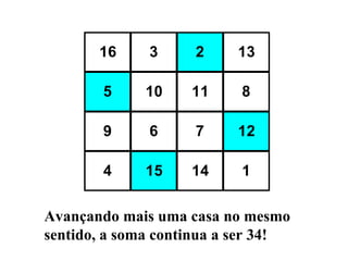 Avançando mais uma casa no mesmo sentido, a soma continua a ser 34! 