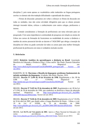Libras em estudo: formação de profissionais
150
disciplina 2, pois nesta apenas os vocabulários estão traduzidos na língua portuguesa
escrita e os demais não têm tradução dificultando o aprendizado dos alunos.
- Fóruns de discussão: pensamos em voltar a oferecer os fóruns de discussão em
todas as unidades, mas não como atividade obrigatória para que os alunos possam
interagir trocando ideias, críticas e conhecimento com outros colegas, professores e
tutoras.
Contudo consideramos a formação de profissionais um tema relevante para ser
pesquisado. É de suma importância à continuidade de pesquisas em relação ao ensino de
Libras nos cursos de formação de licenciatura na modalidade de ensino a distância e
também de ensino presencial devido ao decreto nº 5626/2005 que obriga a inserção da
disciplina de Libras na grade curricular de todos os cursos para uma melhor formação
profissional de professores em rumo à verdadeira inclusão escolar.
5. Referências
ABED. Relatório Analítico da aprendizagem a distância no Brasil. Associação
Brasileira de Educação a Distância (Org.). Censo ead.br. São Paulo: Pearson Education
do Brasil, 2010. Disponível em:
http://www.abed.org.br/censoead/CensoEaDbr0809_portugues.pdf. Acesso em
set./2012.
BAKHTIN, M. M. Marxismo e filosofia da linguagem: problemas fundamentais do
método sociológico da linguagem. 14 edição, São Paulo: Hucitec, 2010.
BRASIL. Decreto Nº 2.494 de 10 de fevereiro de 1998. Regulamenta o Art. 80 da
LDB (Lei n.º 9.394/96). Disponível em:
http://portal.mec.gov.br/seed/arquivos/pdf/tvescola/leis/D2494.pdf. Acesso em
set./2012.
BRASIL. Decreto Nº 5.622 de 19 de dezembro de 2005. Regulamenta o art. 80 da Lei
no
9.394, de 20 de dezembro de 1996, que estabelece as diretrizes e bases da educação
nacional. Disponível em http://www.planalto.gov.br/ccivil_03/_Ato2004-
2006/2005/decreto/D5622.htm. Acesso em set./2012.
BRASIL. Decreto Nº 5.626 de 22 de dezembro de 2005. Regulamenta a Lei nº 10.436,
de 24 de abril de 2002, que dispõe sobre a Língua Brasileira de Sinais – Libras, e o art.
18 da Lei nº 10.098, de 19 de dezembro de 2000.
http://www.planalto.gov.br/ccivil_03/_ato2004-2006/2005/decreto/d5626.htm. Acesso
em set./2012.
BRASIL. Lei 10.172, de 9 de janeiro de 2001. Aprova o Plano Nacional de Educação e dá
outras providências. Disponível em:
http://www.planalto.gov.br/ccivil_03/leis/leis_2001/l10172.htm. Acesso em set./2012.
 
