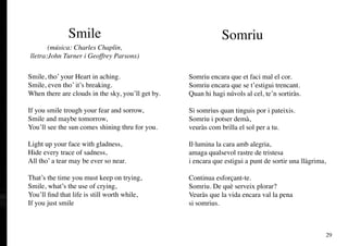 Smile                                           Somriu
       (música: Charles Chaplin,
lletra:John Turner i Geoffrey Parsons)

Smile, tho’ your Heart in aching.                  Somriu encara que et faci mal el cor.
Smile, even tho’ it’s breaking.                    Somriu encara que se t’estigui trencant.
When there are clouds in the sky, you’ll get by.   Quan hi hagi núvols al cel, te’n sortiràs.

If you smile trough your fear and sorrow,          Si somrius quan tinguis por i pateixis.
Smile and maybe tomorrow,                          Somriu i potser demà,
You’ll see the sun comes shining thru for you.     veuràs com brilla el sol per a tu.

Light up your face with gladness,                  Il·lumina la cara amb alegria,
Hide every trace of sadness,                       amaga qualsevol rastre de tristesa
All tho’ a tear may be ever so near.               i encara que estigui a punt de sortir una llàgrima,

That’s the time you must keep on trying,           Continua esforçant-te.
Smile, what’s the use of crying,                   Somriu. De què serveix plorar?
You’ll find that life is still worth while,        Veuràs que la vida encara val la pena
If you just smile                                  si somrius.



                                                                                                     29
 