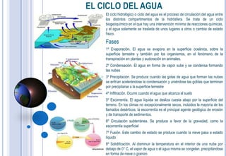 EL CICLO DEL AGUA
    El ciclo hidrológico o ciclo del agua es el proceso de circulación del agua entre
    los distintos compartimentos de la hidrósfera. Se trata de un ciclo
    biogeoquímico en el que hay una intervención mínima de reacciones químicas,
    y el agua solamente se traslada de unos lugares a otros o cambia de estado
    físico.

    Fases
    1º Evaporación. El agua se evapora en la superficie oceánica, sobre la
    superficie terrestre y también por los organismos, en el fenómeno de la
    transpiración en plantas y sudoración en animales.
    2º Condensación. El agua en forma de vapor sube y se condensa formando
    las nubes
    3º Precipitación. Se produce cuando las gotas de agua que forman las nubes
    se enfrían acelerándose la condensación y uniéndose las gotitas que terminan
    por precipitarse a la superficie terrestre
    4º Infiltración. Ocurre cuando el agua que alcanza el suelo
    5º Escorrentía. El agua líquida se desliza cuesta abajo por la superficie del
    terreno. En los climas no excepcionalmente secos, incluidos la mayoría de los
    llamados desérticos, la escorrentía es el principal agente geológico de erosión
    y de transporte de sedimentos.
    6º Circulación subterránea. Se produce a favor de la gravedad, como la
    escorrentía superficial
    7º Fusión. Este cambio de estado se produce cuando la nieve pasa a estado
    líquido
    8º Solidificación. Al disminuir la temperatura en el interior de una nube por
    debajo de 0° C, el vapor de agua o el agua misma se congelan, precipitándose
    en forma de nieve o granizo
 