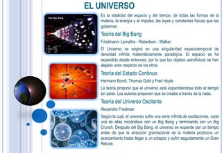 EL UNIVERSO
   Es la totalidad del espacio y del tiempo, de todas las formas de la
   materia, la energía y el impulso, las leyes y constantes físicas que las
   gobiernan
   Teoría del Big Bang
   Friedmann- Lemaître - Robertson - Walker.
   El Universo se originó en una singularidad espaciotemporal de
   densidad infinita matemáticamente paradójica. El espacio se ha
   expandido desde entonces, por lo que los objetos astrofísicos se han
   alejado unos respecto de los otros.
   Teoría del Estado Continuo
   Hermann Bondi, Thomas Gold y Fred Hoyle.
   La teoría propone que el universo está expandiéndose todo el tiempo
   sin parar. Los autores proponen que se creaba a través de la nada.
   Teoría del Universo Oscilante
   Alexandre Friedman
   Según la cual, el universo sufre una serie infinita de oscilaciones, cada
   una de ellas iniciándose con un Big Bang y terminando con un Big
   Crunch. Después del Big Bang, el universo se expande por un tiempo
   antes de que la atracción gravitacional de la materia produzca un
   acercamiento hasta llegar a un colapso y sufrir seguidamente un Gran
   Rebote.
 