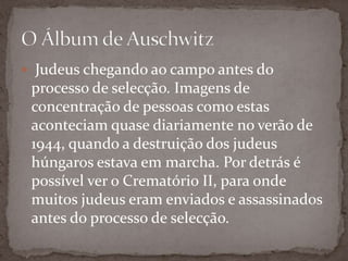  Judeus chegando ao campo antes do
 processo de selecção. Imagens de
 concentração de pessoas como estas
 aconteciam quase diariamente no verão de
 1944, quando a destruição dos judeus
 húngaros estava em marcha. Por detrás é
 possível ver o Crematório II, para onde
 muitos judeus eram enviados e assassinados
 antes do processo de selecção.
 