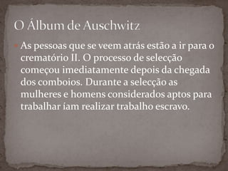  As pessoas que se veem atrás estão a ir para o
 crematório II. O processo de selecção
 começou imediatamente depois da chegada
 dos comboios. Durante a selecção as
 mulheres e homens considerados aptos para
 trabalhar íam realizar trabalho escravo.
 