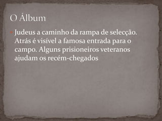  Judeus a caminho da rampa de selecção.
 Atrás é visível a famosa entrada para o
 campo. Alguns prisioneiros veteranos
 ajudam os recém-chegados
 