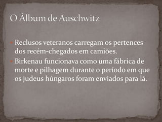  Reclusos veteranos carregam os pertences
  dos recém-chegados em camiões.
 Birkenau funcionava como uma fábrica de
  morte e pilhagem durante o período em que
  os judeus húngaros foram enviados para lá.
 