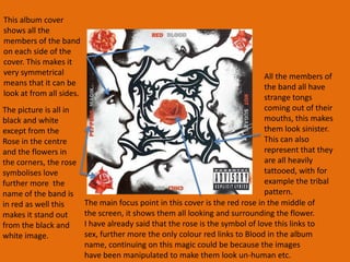 50 CentThere are lasers and strobe lights every where showing that it is a concert or that it is in a clubHuge crowd of people raving/dancing. The huge crowd shows that the artist is very popular.The turn tables  show that he is playing dance music this can entice customers that like the dance genre.This is showing the DJ’s name in his own style i.e. the dots above the E. This is his logo it is iconic and instantly recognisable to a passer by.Here the artist is showing him self on the cover of his album but just his back. This effect shows the artist making the crowd dance.