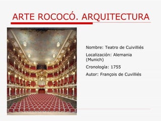 ARTE ROCOCÓ. ARQUITECTURA Nombre: Teatro de Cuivilliés Localización: Alemania (Munich)  Cronología: 1755 Autor: François de Cuvilliés 