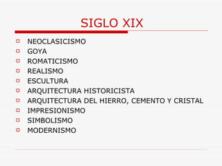 SIGLO XIX NEOCLASICISMO GOYA ROMATICISMO REALISMO ESCULTURA ARQUITECTURA HISTORICISTA ARQUITECTURA DEL HIERRO, CEMENTO Y CRISTAL IMPRESIONISMO SIMBOLISMO MODERNISMO 