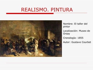 REALISMO. PINTURA Nombre:  El taller del pintor Localización: Museo de Orsay Cronología: 1855 Autor:  Gustave Courbet 