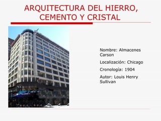 ARQUITECTURA  DEL HIERRO, CEMENTO Y CRISTAL  Nombre: Almacenes Carson Localización: Chicago Cronología: 1904 Autor: Louis Henry Sullivan 