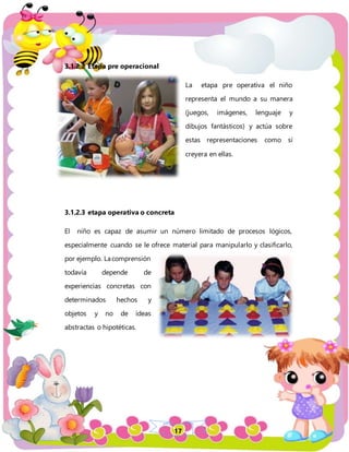 17
3.1.2.2 Etapa pre operacional
La etapa pre operativa el niño
representa el mundo a su manera
(juegos, imágenes, lenguaje y
dibujos fantásticos) y actúa sobre
estas representaciones como sí
creyera en ellas.
3.1.2.3 etapa operativa o concreta
El niño es capaz de asumir un número limitado de procesos lógicos,
especialmente cuando se le ofrece material para manipularlo y clasificarlo,
por ejemplo. Lacomprensión
todavía depende de
experiencias concretas con
determinados hechos y
objetos y no de ideas
abstractas o hipotéticas.
 