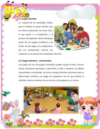 27
5.3 Juegos Sociales
La mayoría de las actividades lúdicas
que se realizan en grupo facilitan que
los niños se relacionen con otros niños,
lo que ayuda a si socialización y al
proceso de aceptación dentro del grupo
social. Así, los juegos simbólicos o de
ficción, los de reglas y los cooperativos
por sus características internas son
necesarios en el proceso de socialización del niño.
5.4 Juegos afectivos – emocionales:
Los juegos de rol o los juegos dramáticos pueden ayudar al niño a asumir
ciertas situaciones personales y dominarlas, o bien a expresar sus deseos
inconscientes o conscientes, así como a ensayar distintas soluciones ante un
determinado conflicto. Los juegos de autoestima son los que facilitan al
individuo sentirse contento de ser como es y de aceptarse a sí mismo.
 